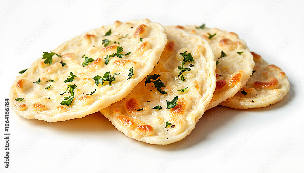 Freshly baked naan bread with herbs on white background Freshly baked naan bread with herbs on white background