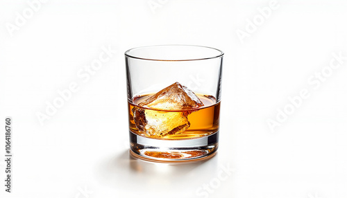 Whiskey on the rocks in crystal glass on white background