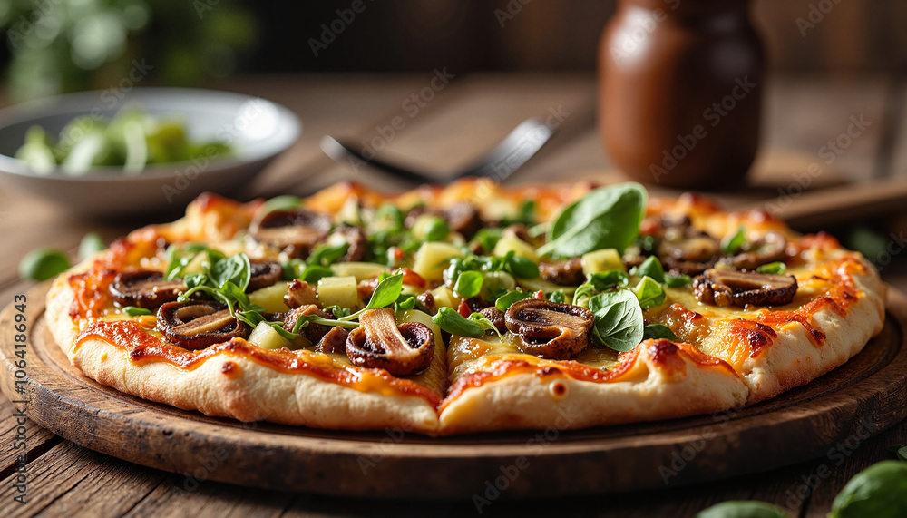 Vegetarian pizza with mushrooms and greens on wooden board Vegetarian pizza with mushrooms and greens on wooden board