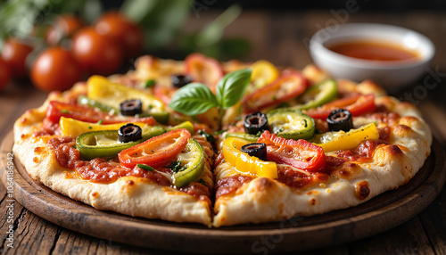 Colorful vegetable pizza on wooden board with sauce