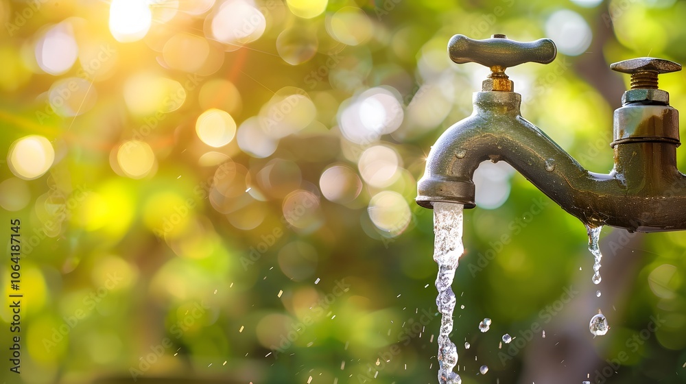 Exterior dripping water faucet or tap in yard. Exterior dripping water faucet or tap in yard.