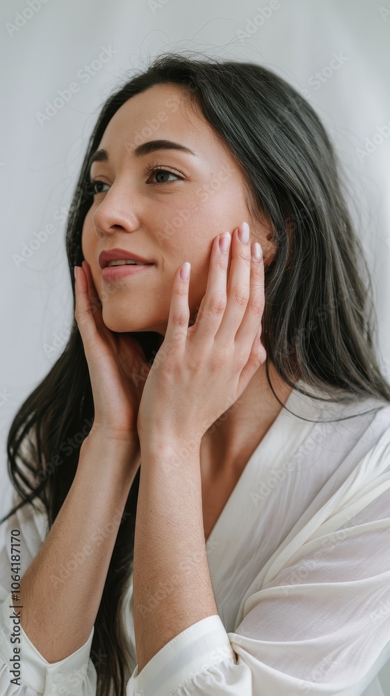 Woman in White Robe with Hands Gently Touching Her Cheek Woman in White Robe with Hands Gently Touching Her Cheek