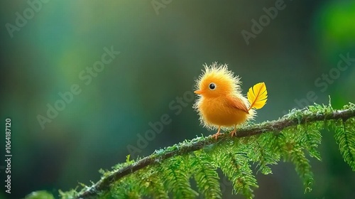  A yellow bird perched on a branch with a green leaf behind it