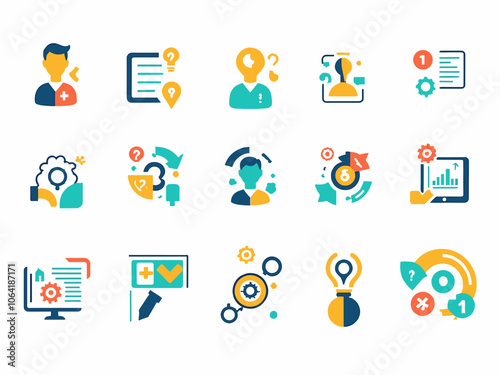 Problem solving icon collection set. Containing process, achieving goal, solutions, resources, knowledge, professionals, identify icon. Simple flat vector.
