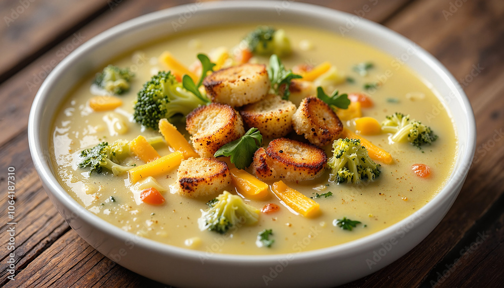 Creamy vegetable soup with crispy croutons on wooden table Creamy vegetable soup with crispy croutons on wooden table