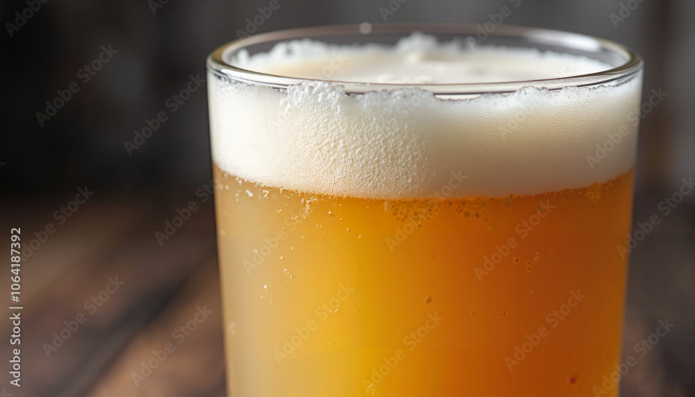 Frothy golden beer in glass on wooden surface Frothy golden beer in glass on wooden surface