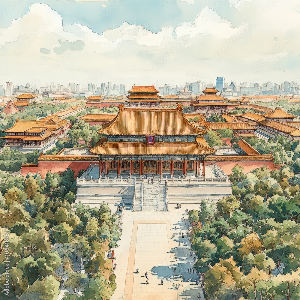 Golden-outlined Forbidden City ink painting with a flat illustration style Golden-outlined Forbidden City ink painting with a flat illustration style