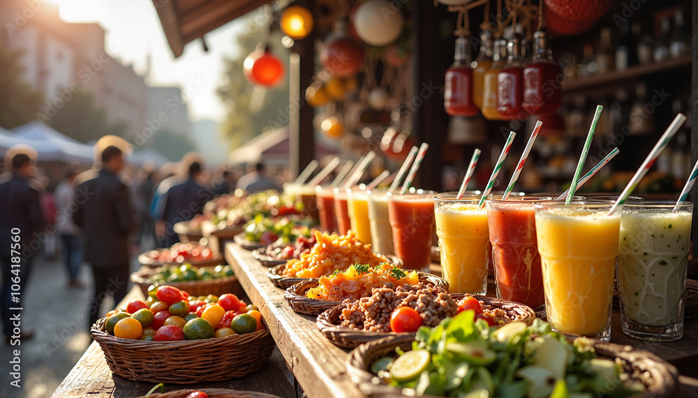 Obraz Colorful smoothies and fresh food at outdoor market stall