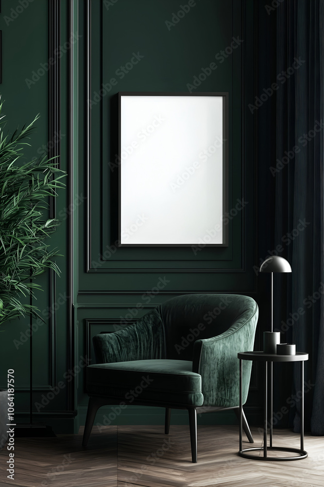 Blank poster frame mock up in room interior, contemporary design, in dark color palette. Blank poster frame mock up in room interior, contemporary design, in dark color palette.