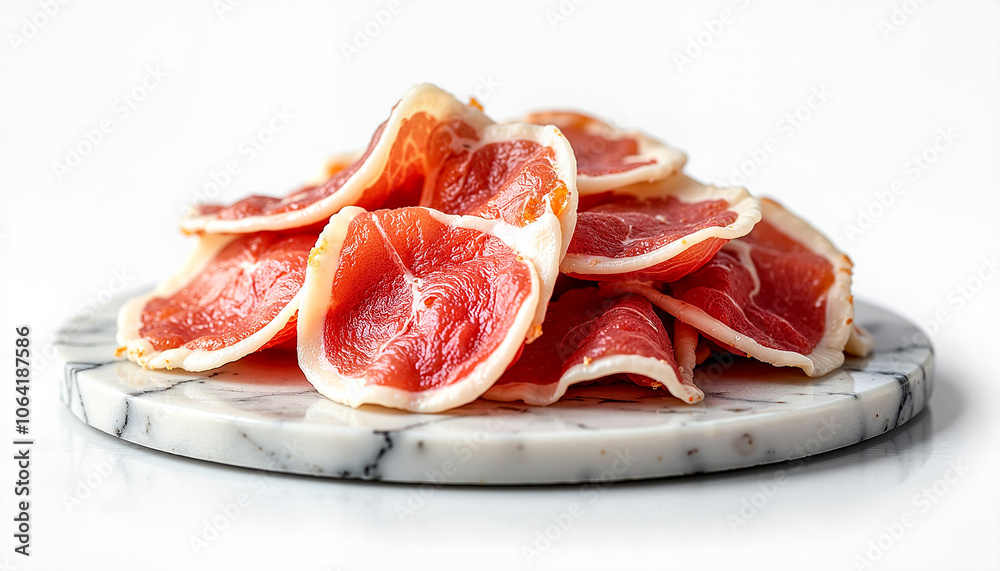 Sliced prosciutto on marble board against white background Sliced prosciutto on marble board against white background