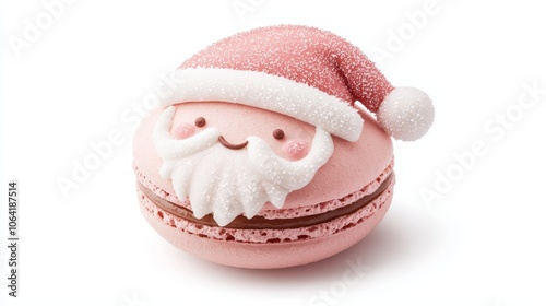 Santa Claus macaron close-up, intricate design with holiday-themed ornaments, frosted decorations, jolly expression, isolated on white background