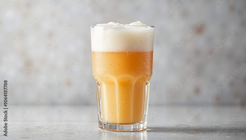 Frothy golden beer in tall glass against light background Frothy golden beer in tall glass against light background