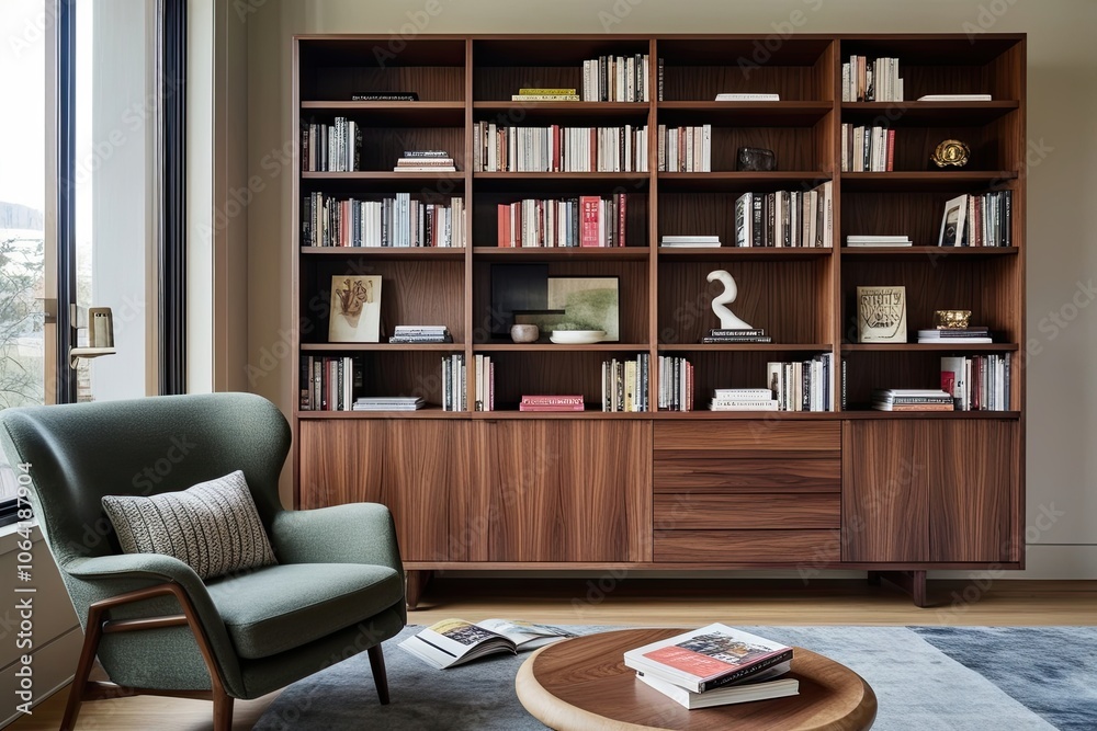 Contemporary Wooden Bookcase and Comfy Armchair in an Artistic Living Area with Curated Reading Materials Contemporary Wooden Bookcase and Comfy Armchair in an Artistic Living Area with Curated Reading Materials