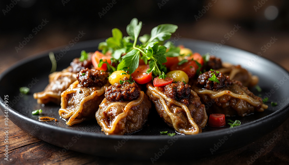 Delicious pasta dish with meat and vegetables on dark plate Delicious pasta dish with meat and vegetables on dark plate