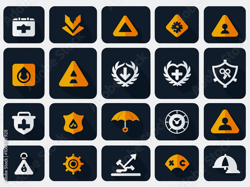 Risk management icon collection set. Containing risk, insurance, process, project, warning, protection, safety icon. Simple flat vector.