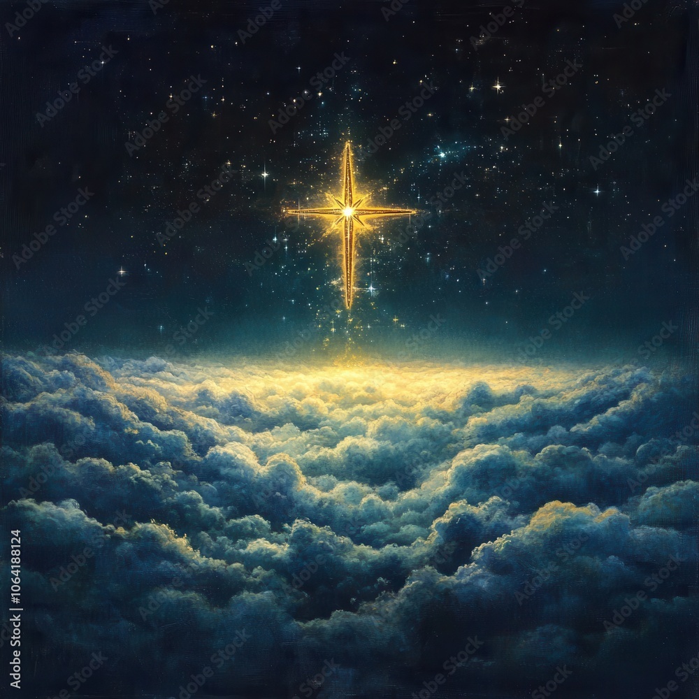 Golden cross shines above clouds in a starry night sky. Golden cross shines above clouds in a starry night sky.