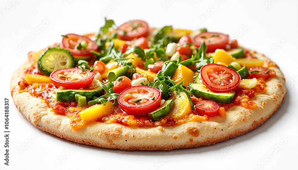Colorful vegetable pizza with fresh toppings on white background Colorful vegetable pizza with fresh toppings on white background