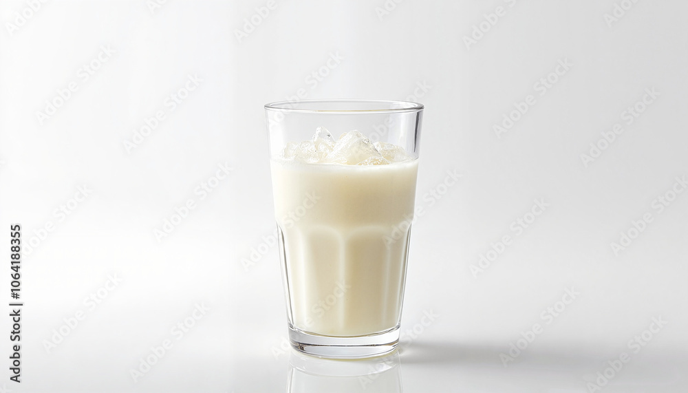 Creamy milkshake in tall glass on white background