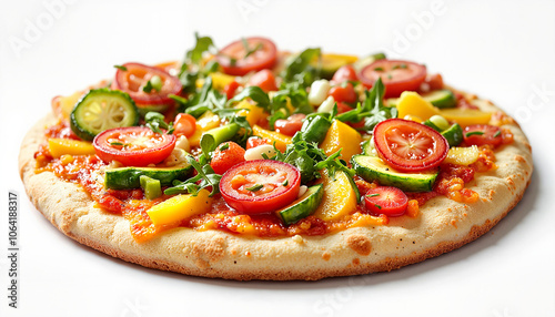 Colorful vegetable pizza with fresh toppings on white background