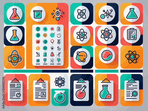 Science research icon collection set. Containing contributing, systematic, interpretation, evaluation data, planned, scientific studies, socialized icon. Simple line vector.