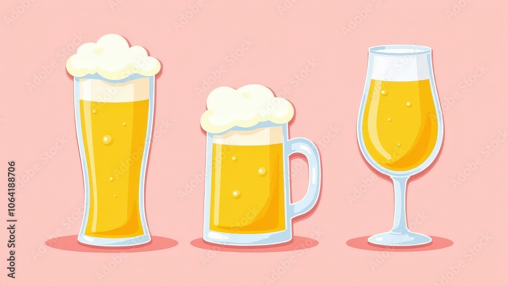 A collection of beer mug clipart with frothy beer, including a pint and stemmed glass, on a pink backdrop A collection of beer mug clipart with frothy beer, including a pint and stemmed glass, on a pink backdrop