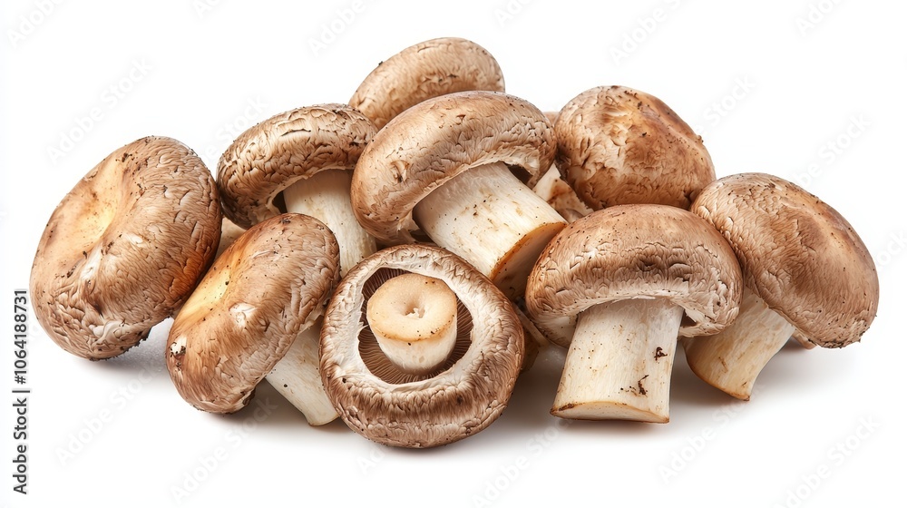 Champignon mushrooms in a close-up focus, isolated on white, with soft shadows, high detail for organic food product promotion Champignon mushrooms in a close-up focus, isolated on white, with soft shadows, high detail for organic food product promotion