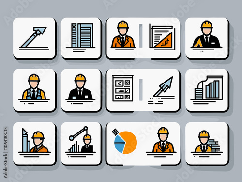 Project construction management icon collection set. Containing subcontractor, design, success, boss, financial analysis, image industry, architecture icon. Simple line vector.