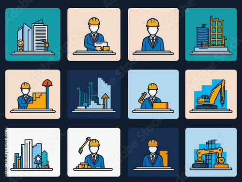 Project construction management icon collection set. Containing subcontractor, design, success, boss, financial analysis, image industry, architecture icon. Simple line vector.