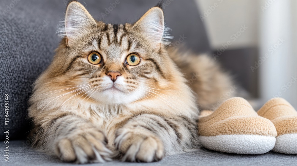 Fluffy tabby cat relaxing on a cozy gray sofa next to a pair of soft slippers, AI