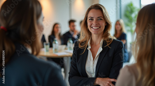 Networking Businesswomen Smiling and Talking at Professional Conference