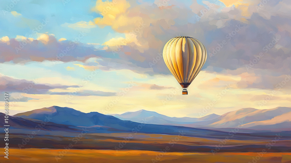 Obraz premium Painting of a hot air balloon soaring against a mountainous backdrop, with cloudy skies above