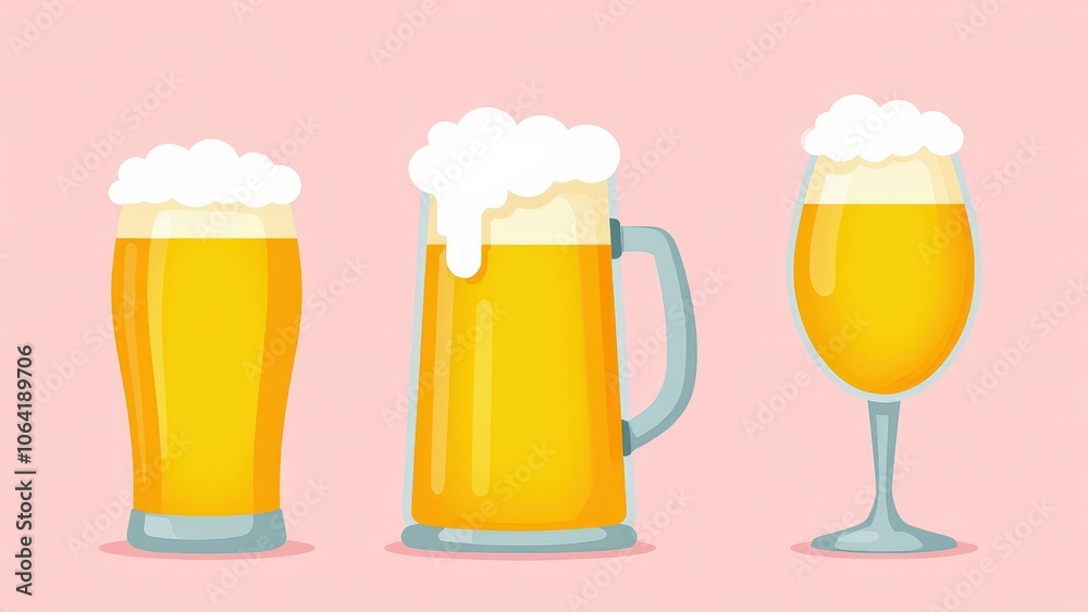 Beer clipart vector with different glasses, frothy tops, and a pastel pink background for an inviting vibe Beer clipart vector with different glasses, frothy tops, and a pastel pink background for an inviting vibe