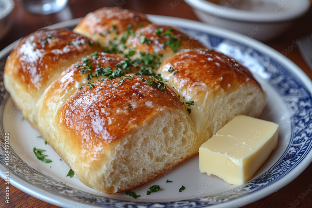 a warm, golden-brown dinner roll with butter on the side. a warm, golden-brown dinner roll with butter on the side.