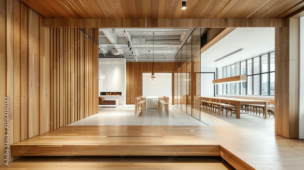 Wooden Interior with Glass Walls and a View of Windows Wooden Interior with Glass Walls and a View of Windows