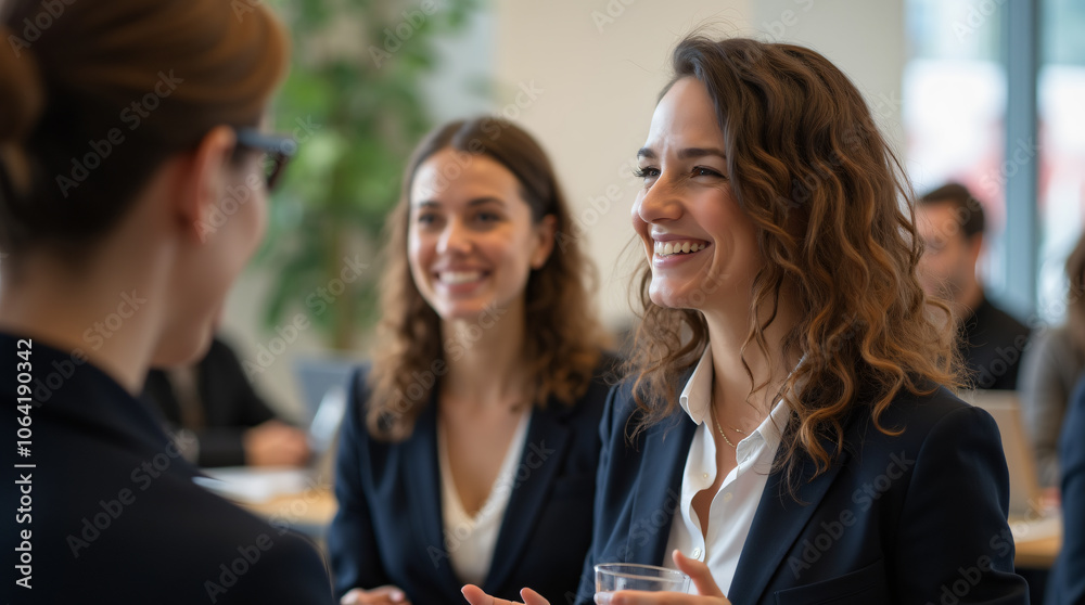 Networking Businesswomen Smiling and Talking at Professional Conference Networking Businesswomen Smiling and Talking at Professional Conference