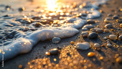 Beautiful beach scene with a wave rippling up on the sandy beach to show pebbles, rocks, and beach glass. The sun is setting on the water. 