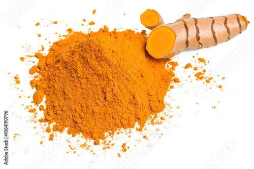 Turmeric root powder isolated on transparent background. Vibrant orange spice with intricate details. Dry, aromatic, and healthy ingredient for cooking. Central focus with dynamic composition. photo