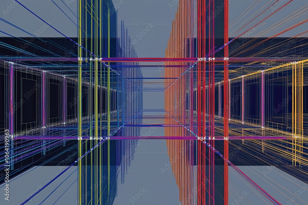 Obraz premium Innovative Visualization of Squares, Lines, and Colors in Architectural Framework for Diagnostic Technology