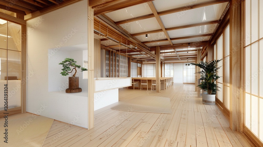 Photo inspiration: Picture Idea: Minimalist Japanese Interior Design With Wooden Beams And Tatami Mat