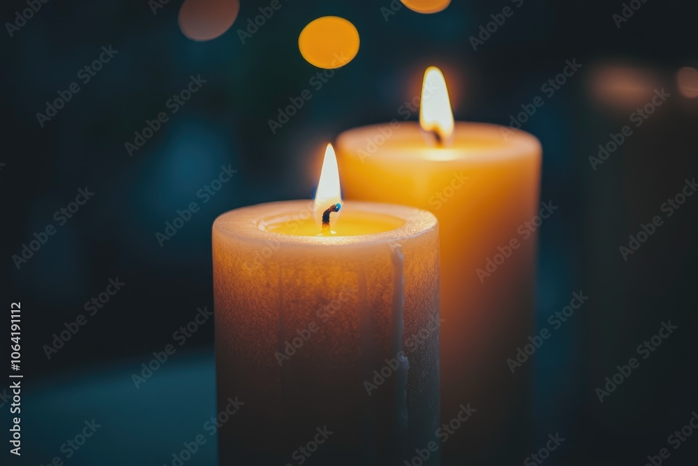 Two Burning Candles with Blurry Background Lights Two Burning Candles with Blurry Background Lights