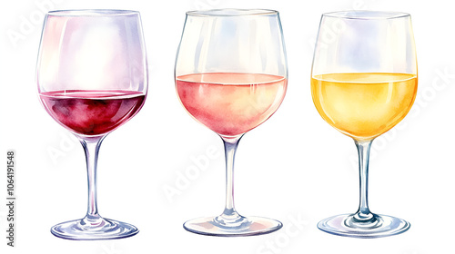 Wine Glasses Set of Three, with Red, Rose, and White Wine, Set Against a White Background