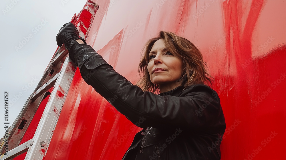 mature woman in a black leather jacket, embodying the attitude and style of an artist with a ladder and spray paint against a red background