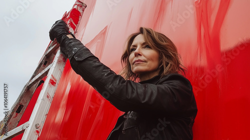 Obraz na płótnie mature woman in a black leather jacket, embodying the attitude and style of an artist with a ladder and spray paint against a red background w salonie