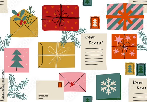 Seamless pattern with Festive xmas greeting card. Santa Claus post office mail. Christmas Santa Claus letter. Xmas holidays wish list letter, mailing envelope with postmark. Gift box