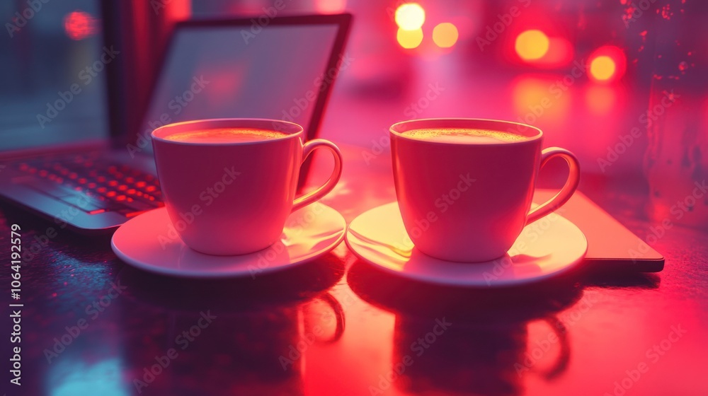 Two cups of coffee on a table with a laptop and a notebook in the background, illuminated by red lights. Two cups of coffee on a table with a laptop and a notebook in the background, illuminated by red lights.