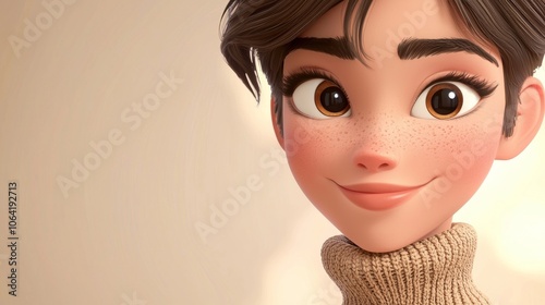 Close-up portrait of a cheerful 3d rendered girl wearing a turtleneck sweater, showcasing a friendly and approachable expression