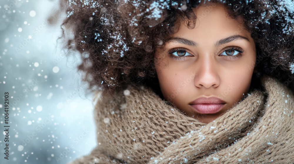 Close-up portrait of a beautiful young woman with afro hair wearing a wool scarf while enjoying a light snowfall in a winter forest Close-up portrait of a beautiful young woman with afro hair wearing a wool scarf while enjoying a light snowfall in a winter forest