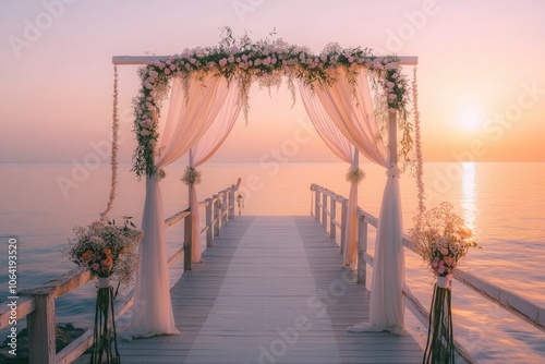 Romantic Wedding Ceremony at Sunset on a Beach Pier