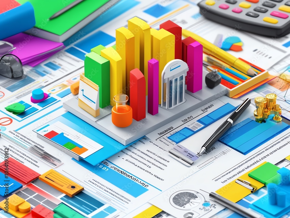 Colorful 3D charts, graphs, and stationery on a business report. Ideal for finance, analytics, and data visualization concepts. Colorful 3D charts, graphs, and stationery on a business report. Ideal for finance, analytics, and data visualization concepts.