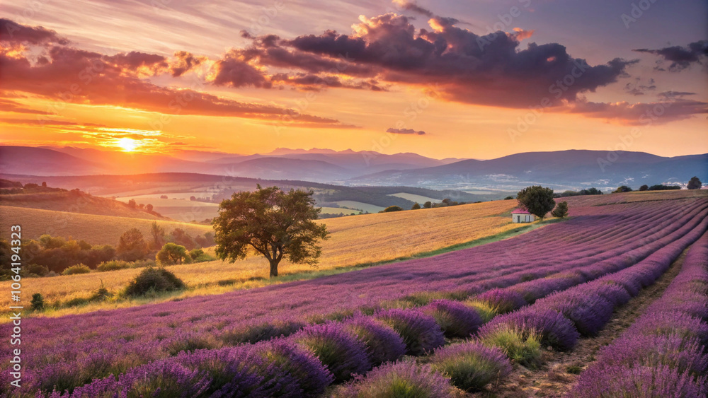 Vast lavender fields under a setting sun casting a golden glow over the landscape Vast lavender fields under a setting sun casting a golden glow over the landscape
